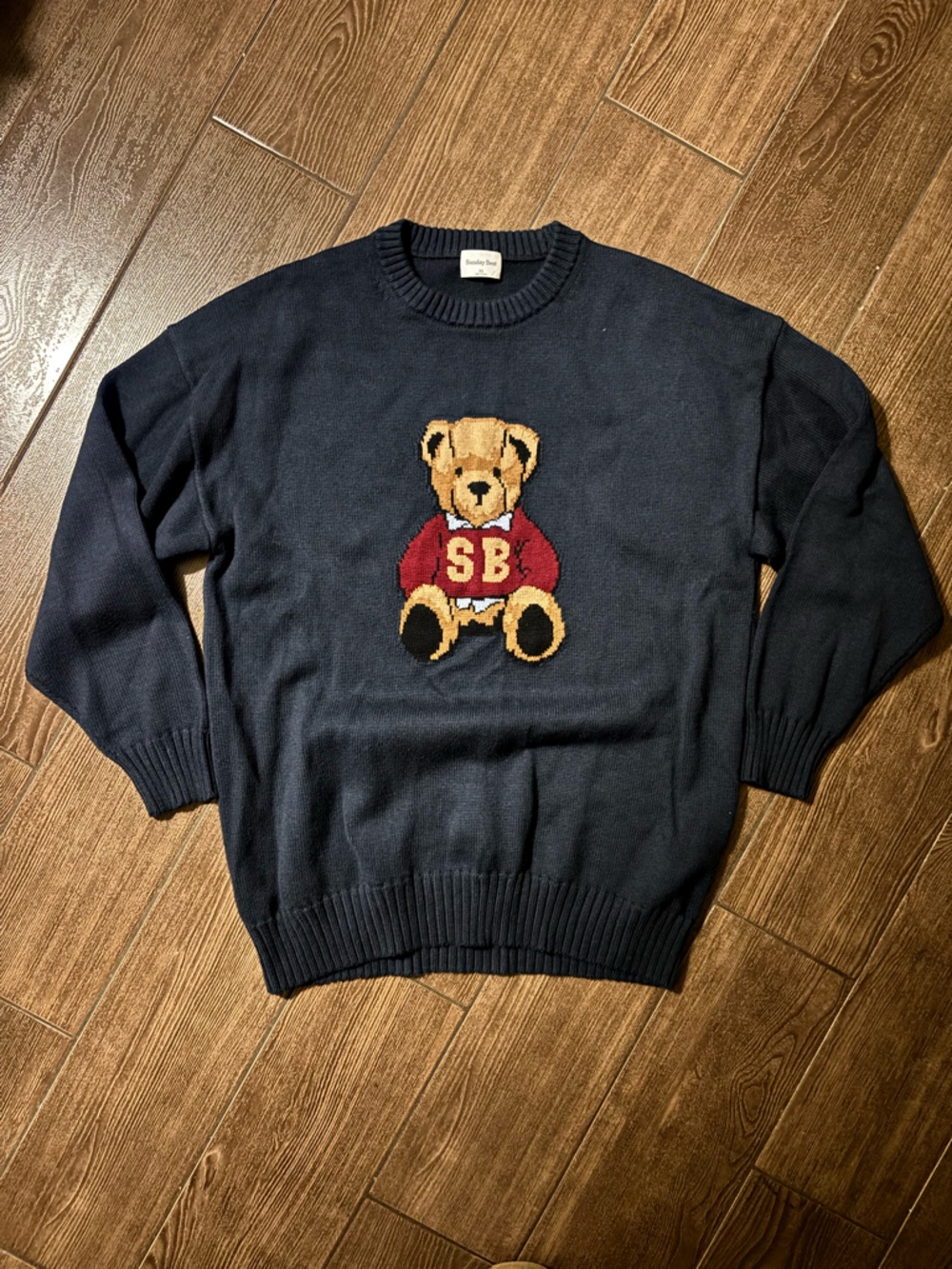 Sunday Best Navy Crewneck Sweater with Teddy Bear Motif XS